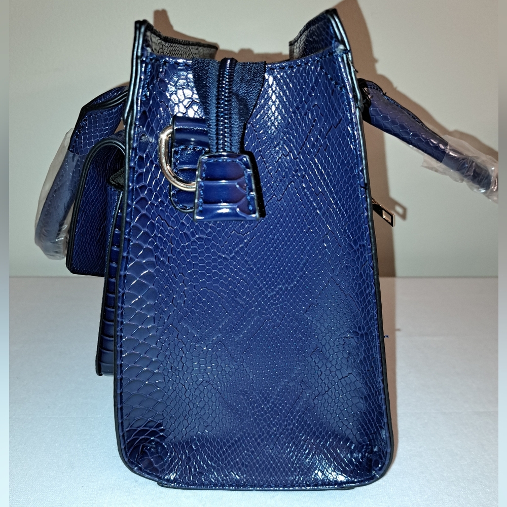 Navy Blue Faux Snake Embossed Tote, Gold Hardware, Shoulder Strap Included, NEW! - Picture 9 of 14